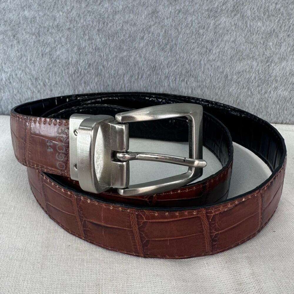 Brighton Men's 44 Reverisble Croco Leather Belt Tan & Black Silver Toned Buckle